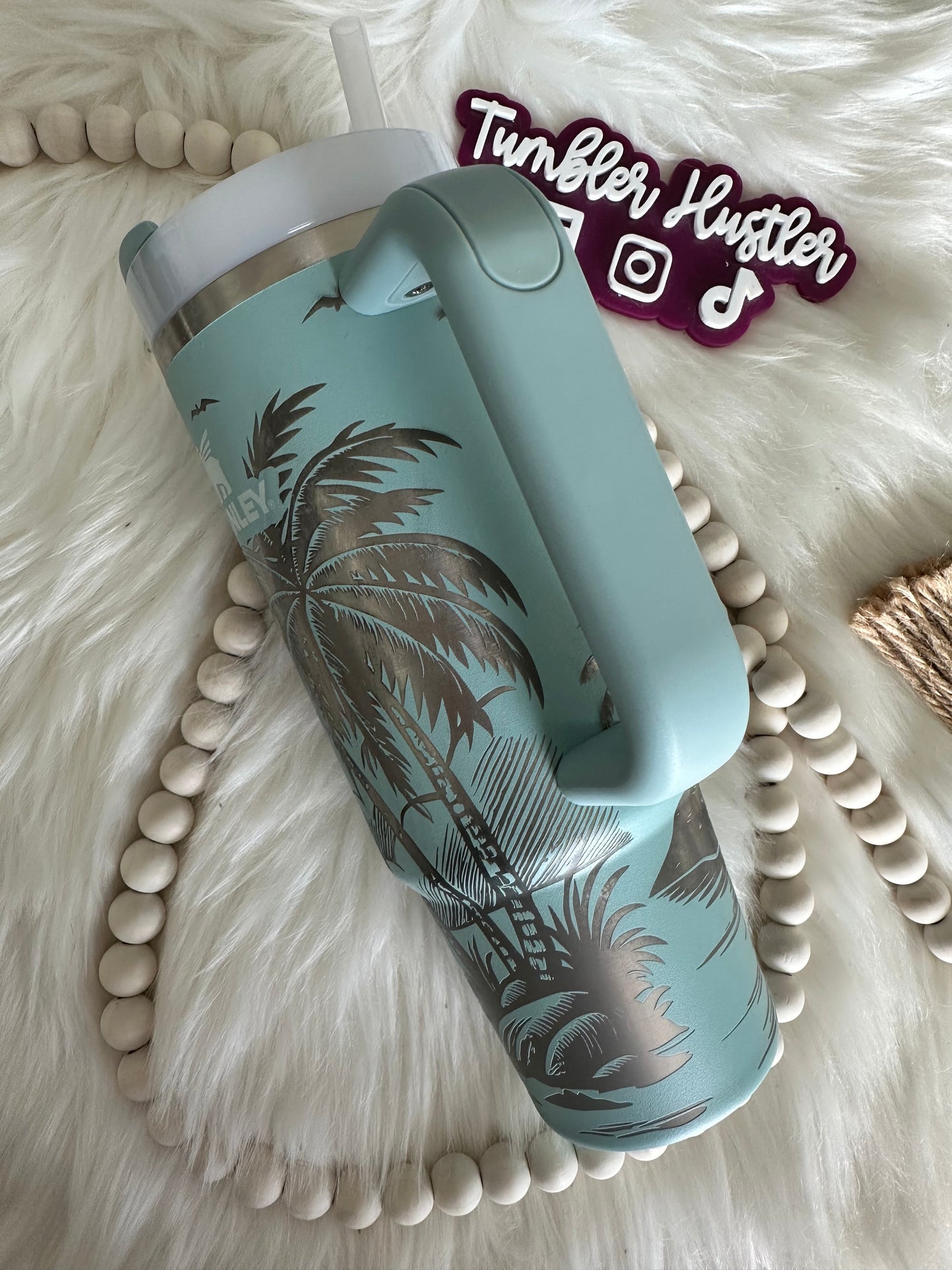 Custom Beach Scene Laser Engraved Stanley