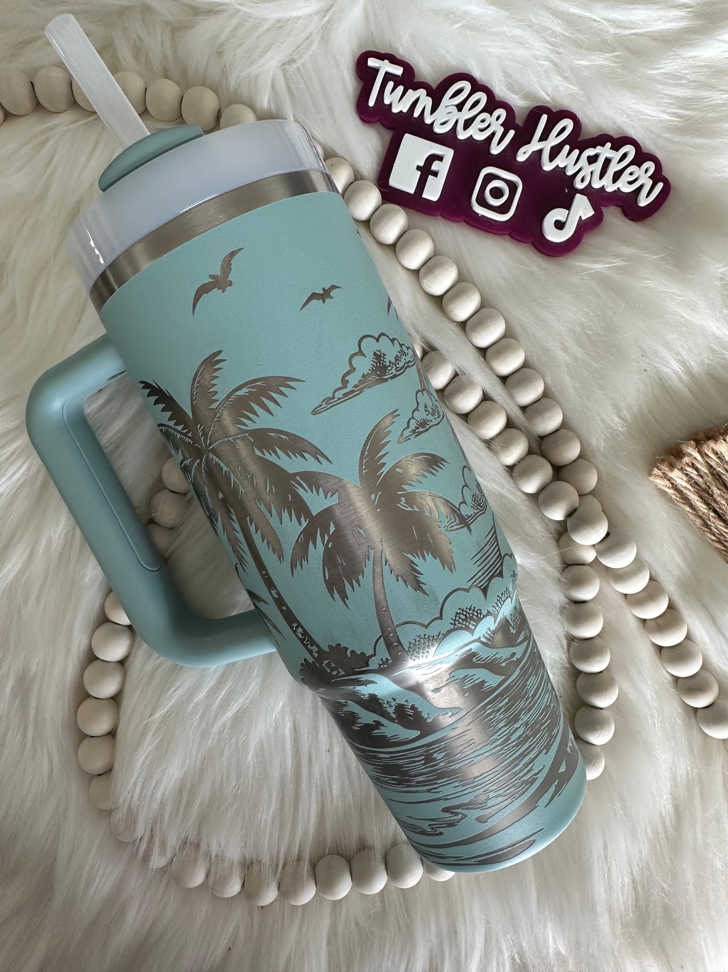 Custom Beach Scene Laser Engraved Stanley