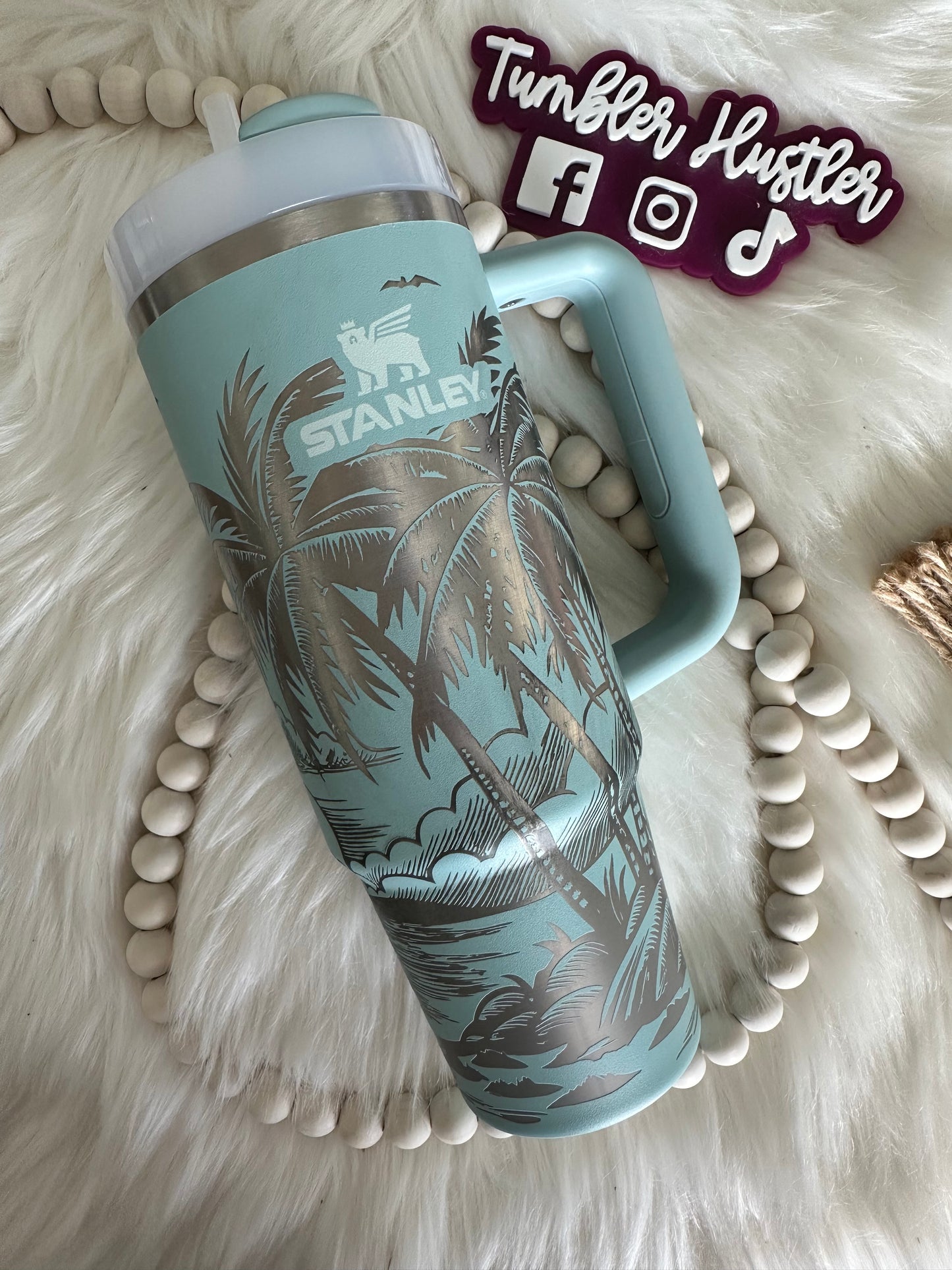 Custom Beach Scene Laser Engraved Stanley